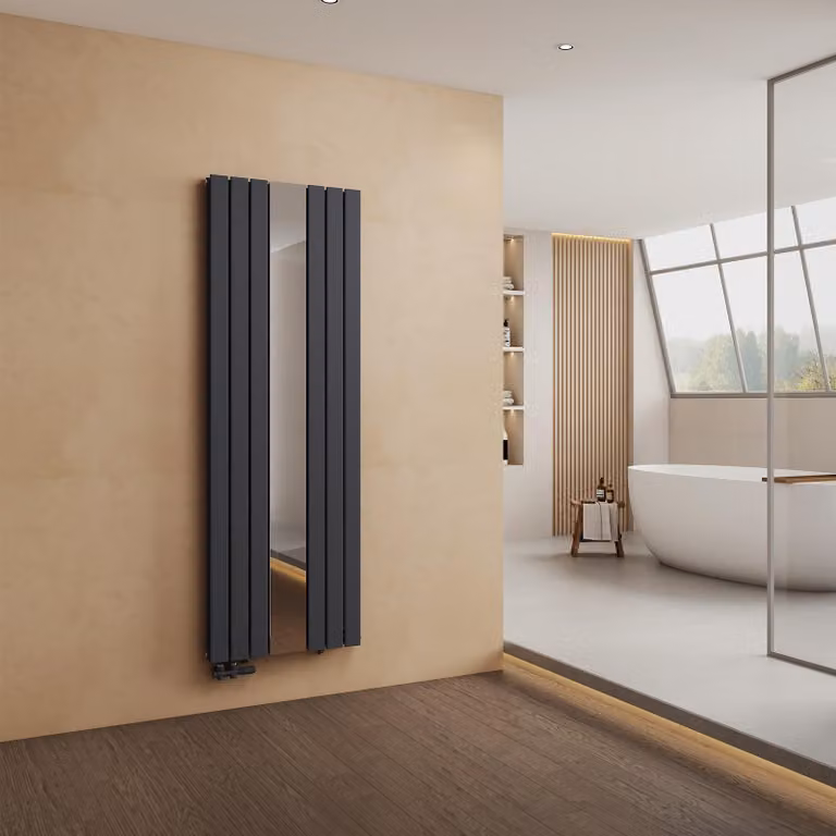 Radiatore di design EMKE con specchio, verticale 1800x608 mm, radiatore da bagno ad acqua calda 1788 W, radiatore a pannelli a doppio strato, radiatore da parete antracite