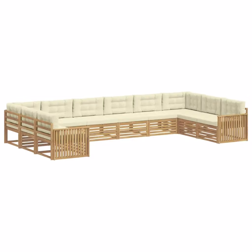 Set di divani da giardino a forma di L vidaXL in legno di acacia con cuscini bianchi e beige – 2