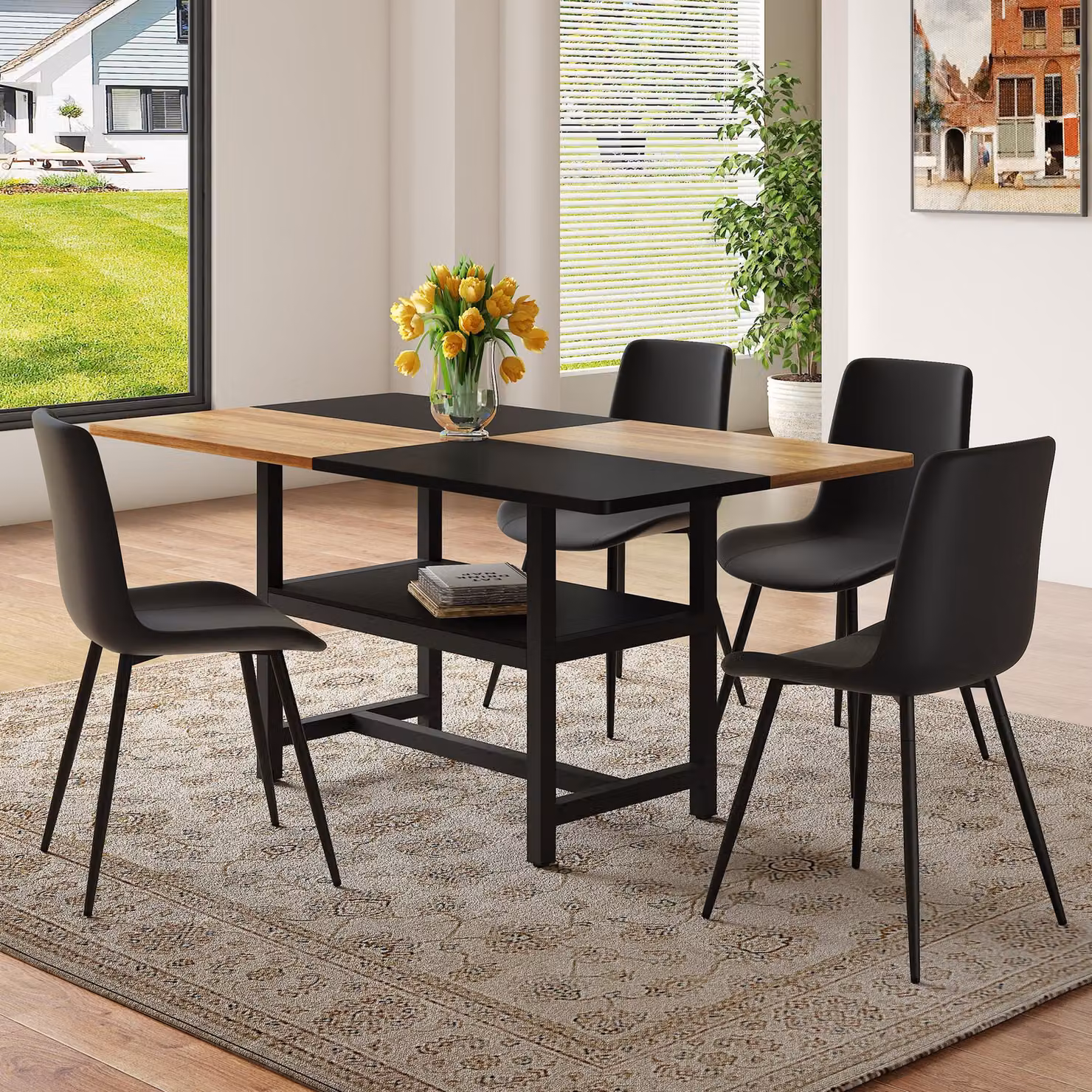 Set da pranzo rettangolare STILVORA con piano da 160 cm e ripiano da 88x50 cm, oltre a 4 sedie da pranzo nere con cuscino di seduta allargato; tavolo da pranzo con piano resistente all'acqua e ai graffi e gambe in metallo; set di sedie da pranzo con cusci