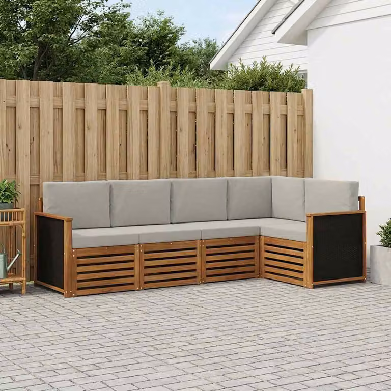 vidaXL Set di divani da esterno a L composto da 7 pezzi in legno di acacia con cuscini beige e grigi