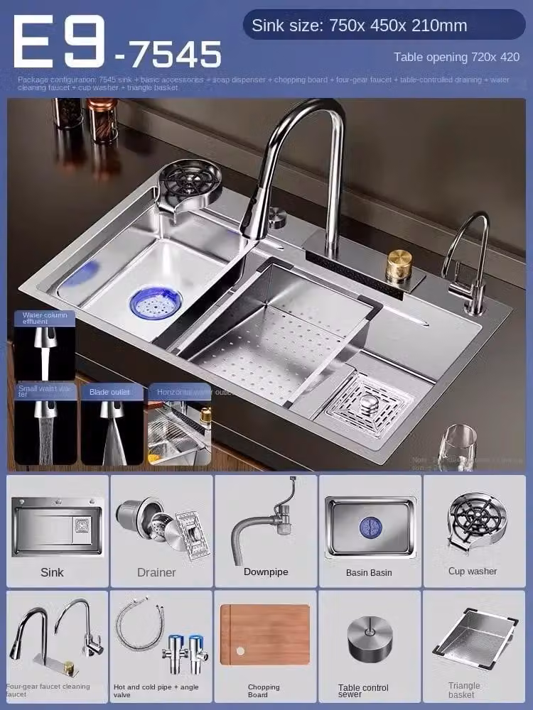 Lavello da cucina - Vasca singola con miscelatore a cascata - 75 x 45 cm - Acciaio inossidabile 304 - 1 foro per rubinetto - Finitura spazzolata - Montaggio a incasso