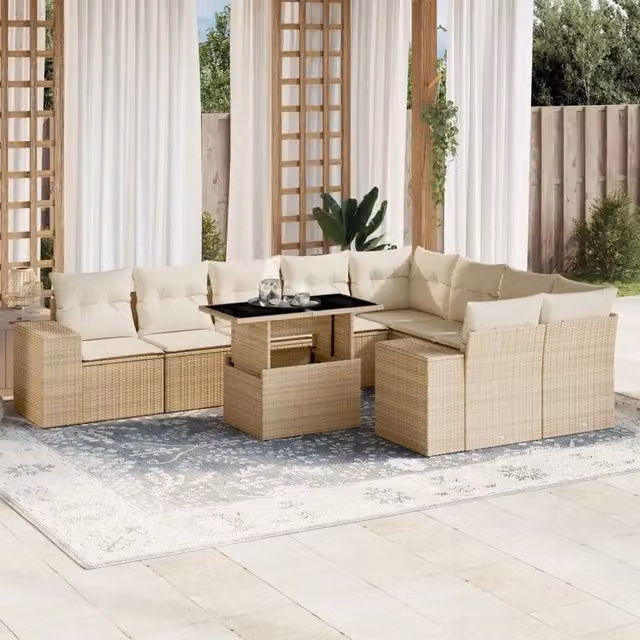 Set Divano da Giardino vidaXL in Polyrattan 10 Pezzi con Cuscini Beige e Tavolino, Design Moderno a L con Elementi Angolari e Poltrone Lounge – 1