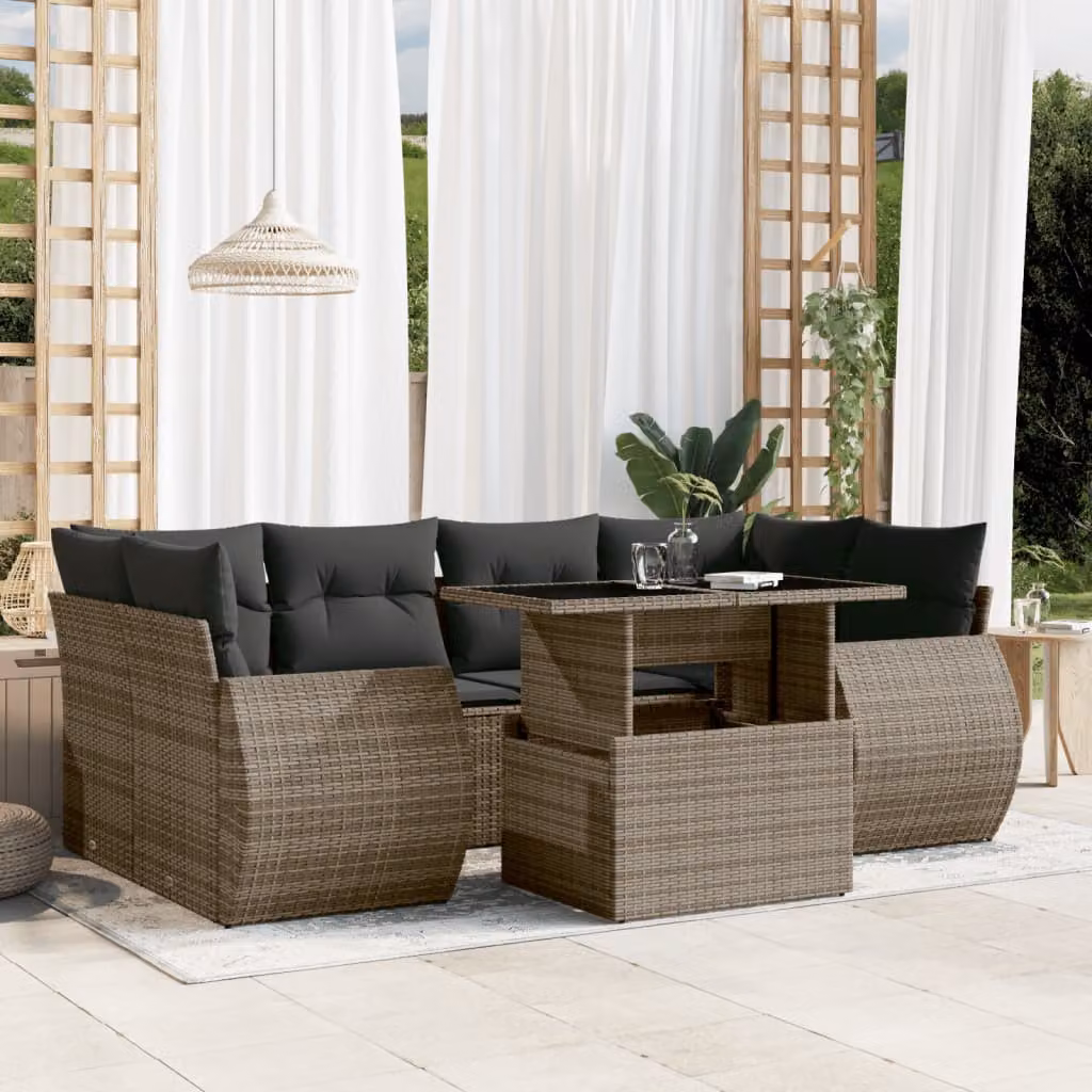 Set da giardino vidaXL composto da 7 pezzi con cuscini grigi in rattan e struttura in acciaio rivestito in polvere – 1