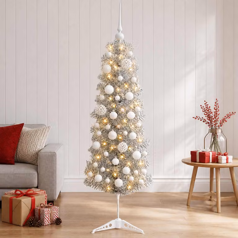 vidaXL Albero di Natale Artificiale Slim con Palline 150 cm 150 LED