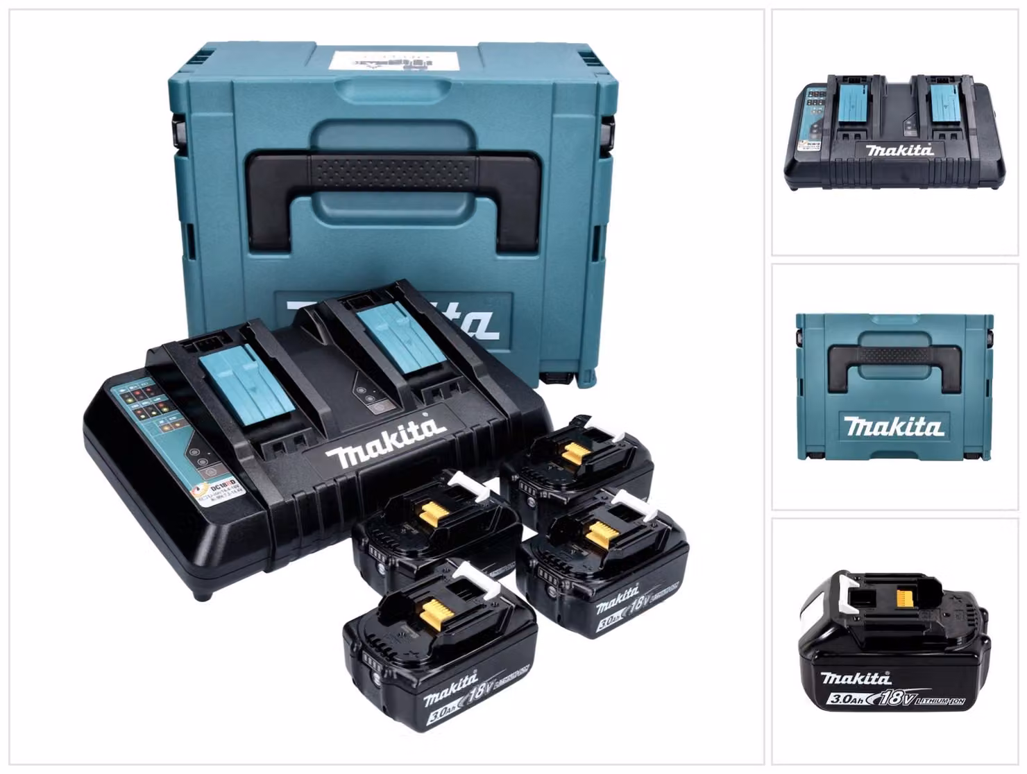 Makita 18 V Power Source KIT con 4x Batterie 3,0 Ah 18 V + Caricatore doppio DC 18 RD + valigetta Makpac ( 197720-6 )