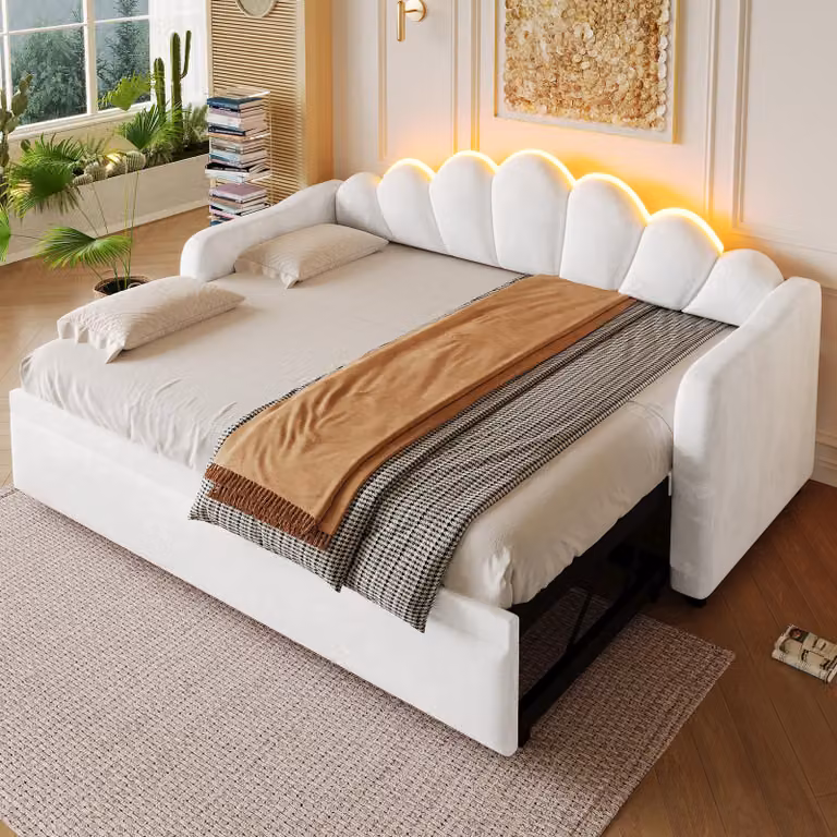 Letto singolo per bambini MODFU 90x200 con illuminazione a LED, struttura letto trasformabile in divano letto con funzione estraibile, adatto alla cameretta dei bambini, senza materasso, bianco
