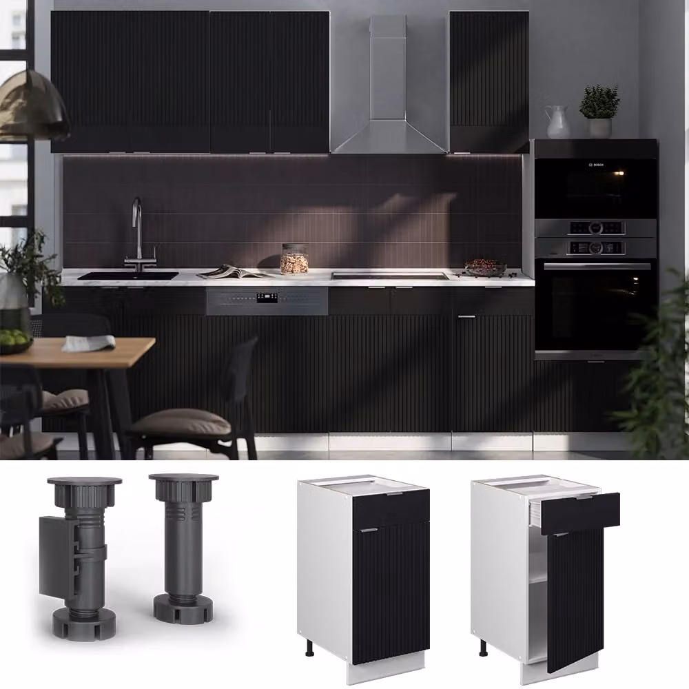 Mobiletto base per cucina Vicco Fame-Line Nero rigato e Bianco con ante a battente e ripiani interni L: 40 cm – 2