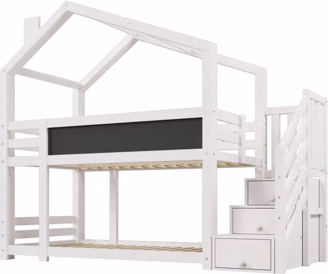 Letto a castello per bambini stile casetta sull'albero 90x200 cm bianco con scala, armadietti e lavagna, senza materasso