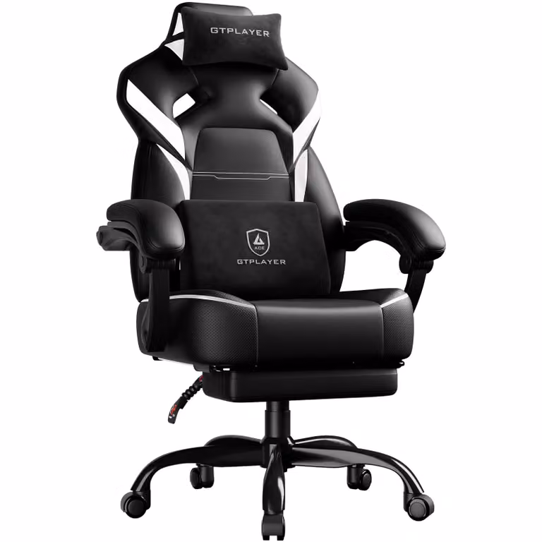 GTPLAYER Sedia da gaming, poltrona da gaming, sedia da gaming con poggiapiedi, cuscino lombare, poggiatesta, regolabile in altezza, braccioli regolabili con poggiapiedi, bianca