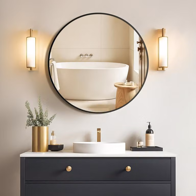 Specchio rotondo nero, diametro 40 cm, design moderno e multifunzionale
