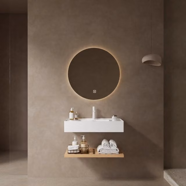 Mobile bagno sospeso 75 cm, lavabo rettangolare in acrilico bianco, ripiano a strisce effetto legno naturale. Rubinetto non incluso