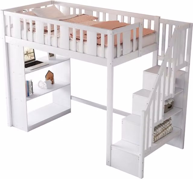 Letto a soppalco 90x200 cm per bambini con scala contenitore; parapetto; 3 vani e struttura bianca