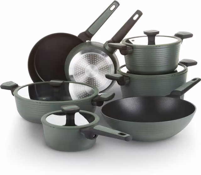 Set di pentole Kasanova da 11 pezzi con rivestimento antiaderente in alluminio e dettagli in silicone, colore verde