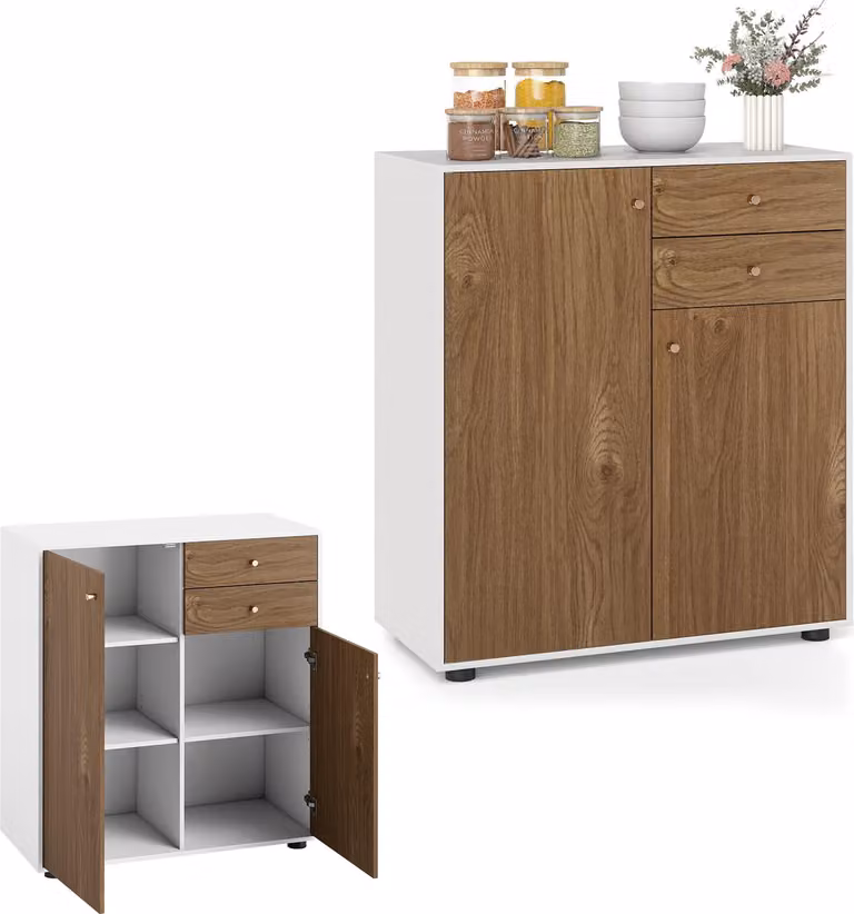 KOMFOTTEU Credenza con 2 cassetti, mobile da cucina con 2 ante, credenza con 3 ripiani regolabili, mobile contenitore per sala da pranzo, soggiorno, 74 x 35 x 85,5 cm (naturale)