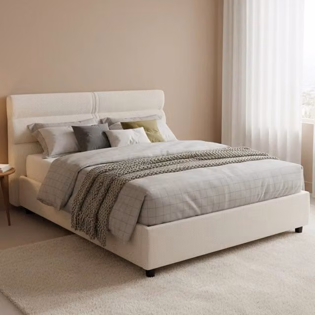 Letto Matrimoniale DMORA Brienno Sfoderabile in Tessuto Beige e Metallo L/P: 160 x 200 cm