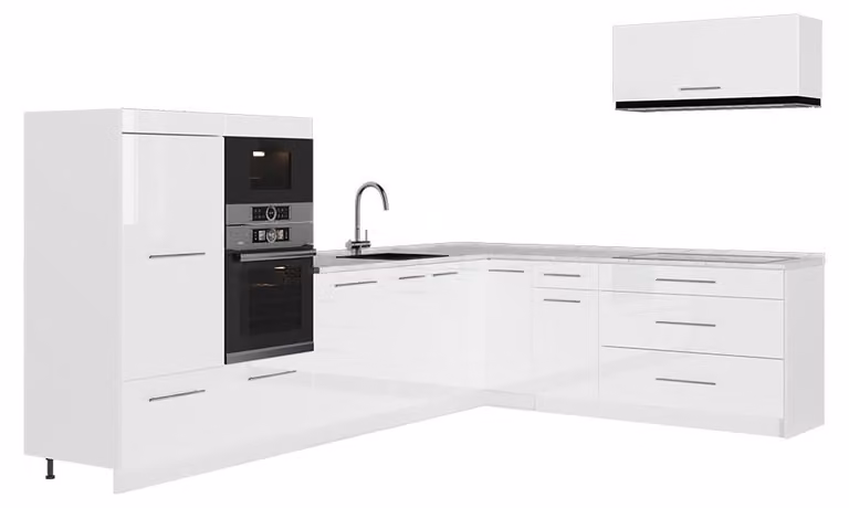 Cucina angolare completa Vicco Fame-Line Bianco lucido/Bianco 327 x 227 cm, PL Marmo, Model 64438