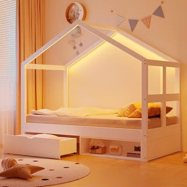 Letto a casetta Mivray per bambini in legno bianco con cassetto e illuminazione LED multicolore L/P/H: 190 x 90 x 173,7 cm