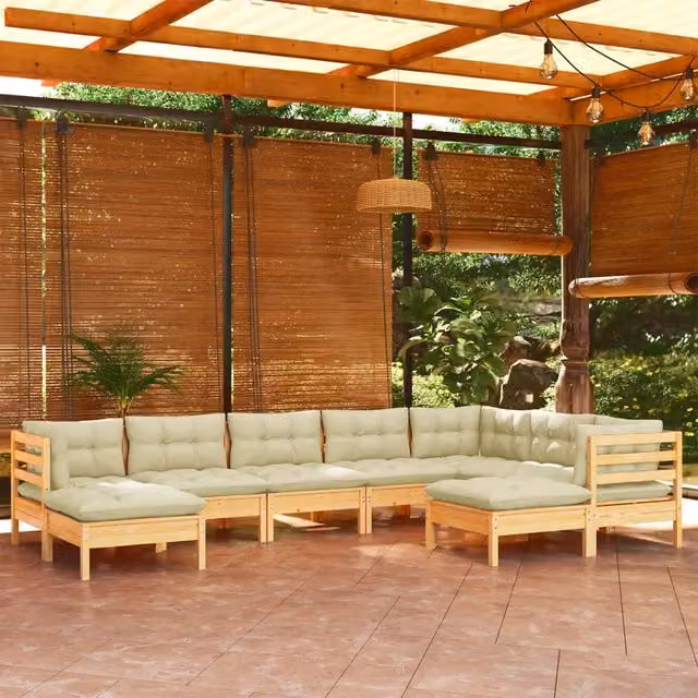 Set Divani da Giardino 9 pz con Cuscini Crema Massello di Pino 3096707