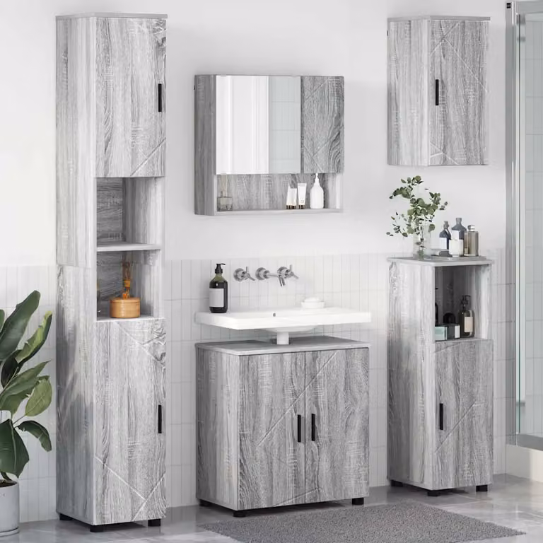 Set di mobili per il bagno moderno vidaXL composto da 5 pezzi in grigio e nero, con mobile lavabo, armadietto con specchio e colonna, L/P/H: 61 x 35 x 64 cm