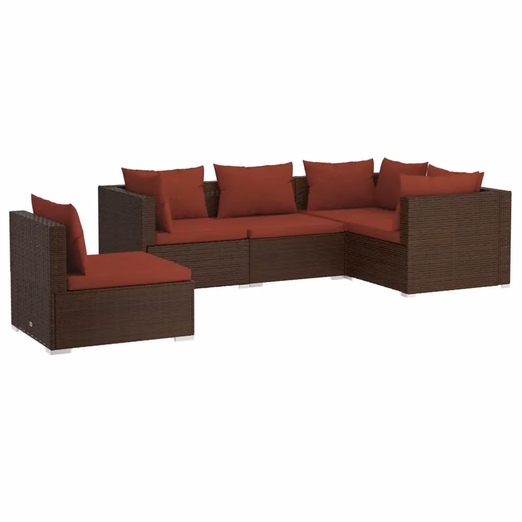 Set di divani da giardino vidaXL a forma di L composto da 5 pezzi con cuscini in polyrattan marrone e struttura in metallo – 2