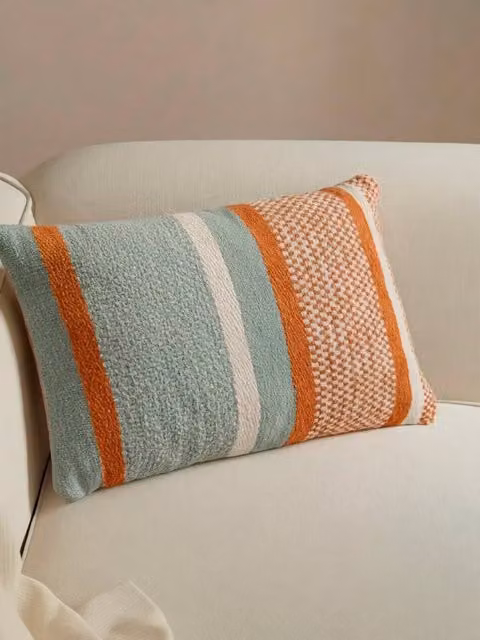 Cuscino rettangolare Api Kenay Home, motivo a righe, cotone lavabile, colori verde, arancione e bianco, L/P/H: 40 x 40 x 40 cm