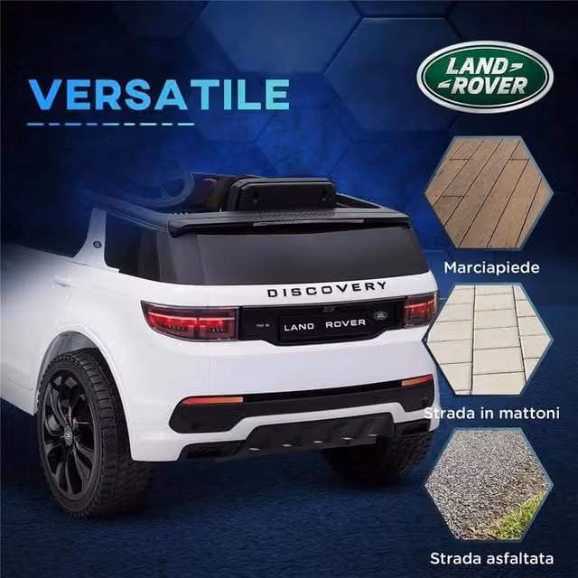 Macchina elettrica Land Rover per bambini con fari e clacson, colore bianco, L: 106 cm, P: 65.5 cm, H: 51 cm – 1