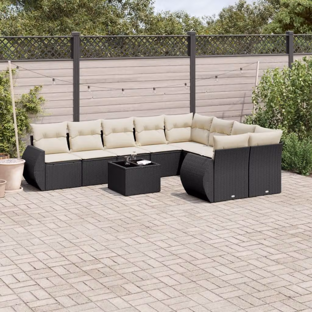 Set di divani da giardino vidaXL 10 pezzi con cuscini e tavolino in rattan nero e struttura in metallo – 1