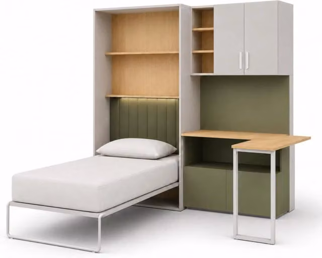 Composizione cameretta moderna salvaspazio con letto a scomparsa, armadio, cassettiera e scrivania in melaminico Cashmere e Verde, L: 133 cm, P: 208.5 cm, H: 45-216 cm