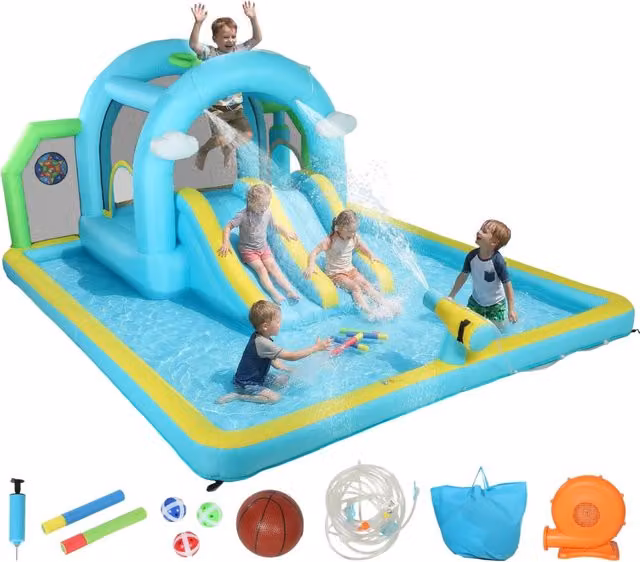 Castello Gonfiabile Acquatico 7 in 1 ¨C Xylo ¨C con Soffiatore 2 Scivoli Trampolino Piscina Canestro 426x360x198 cm
