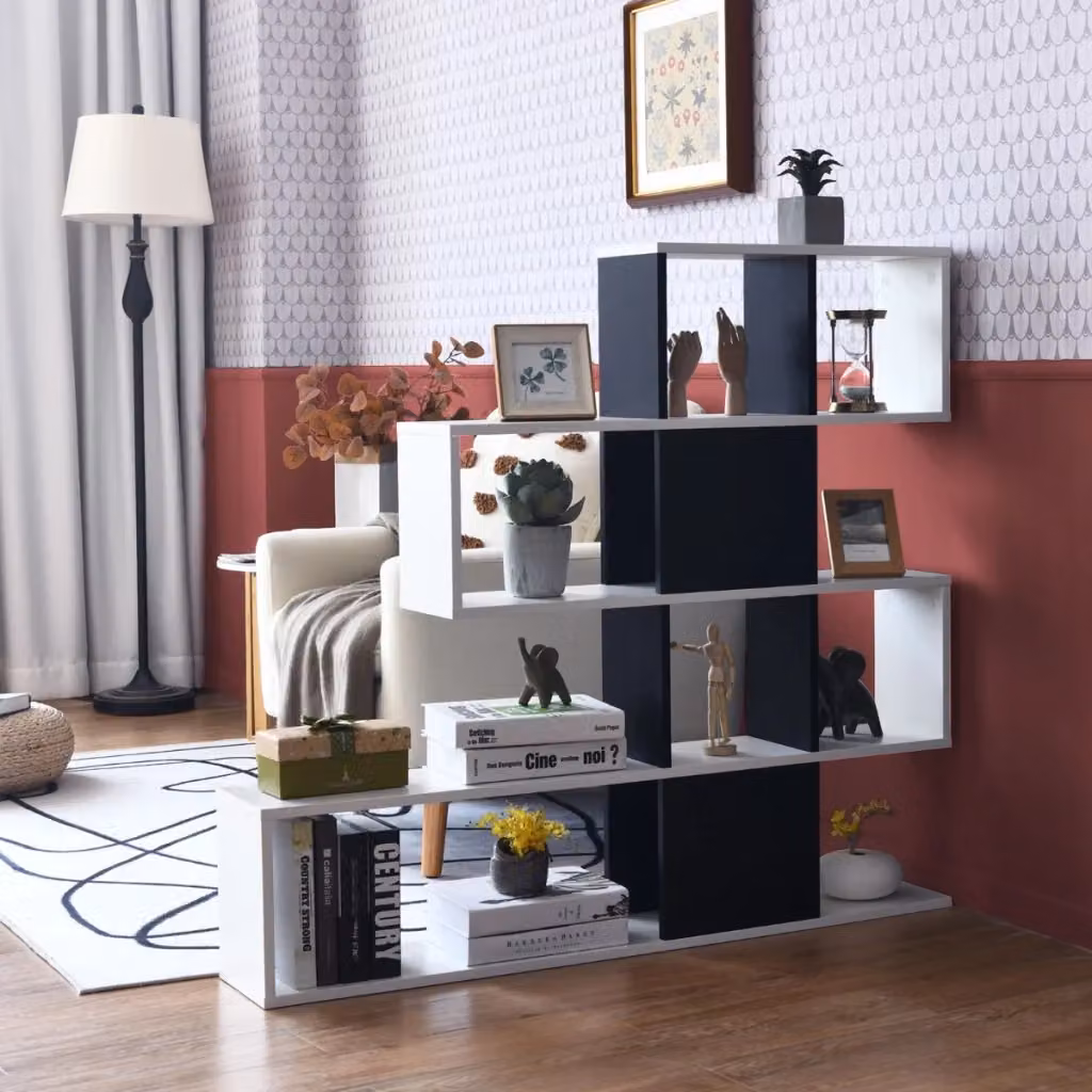 Libreria a scala moderna con 5 livelli e ante in legno nero per soggiorno, camera da letto o ufficio – 2