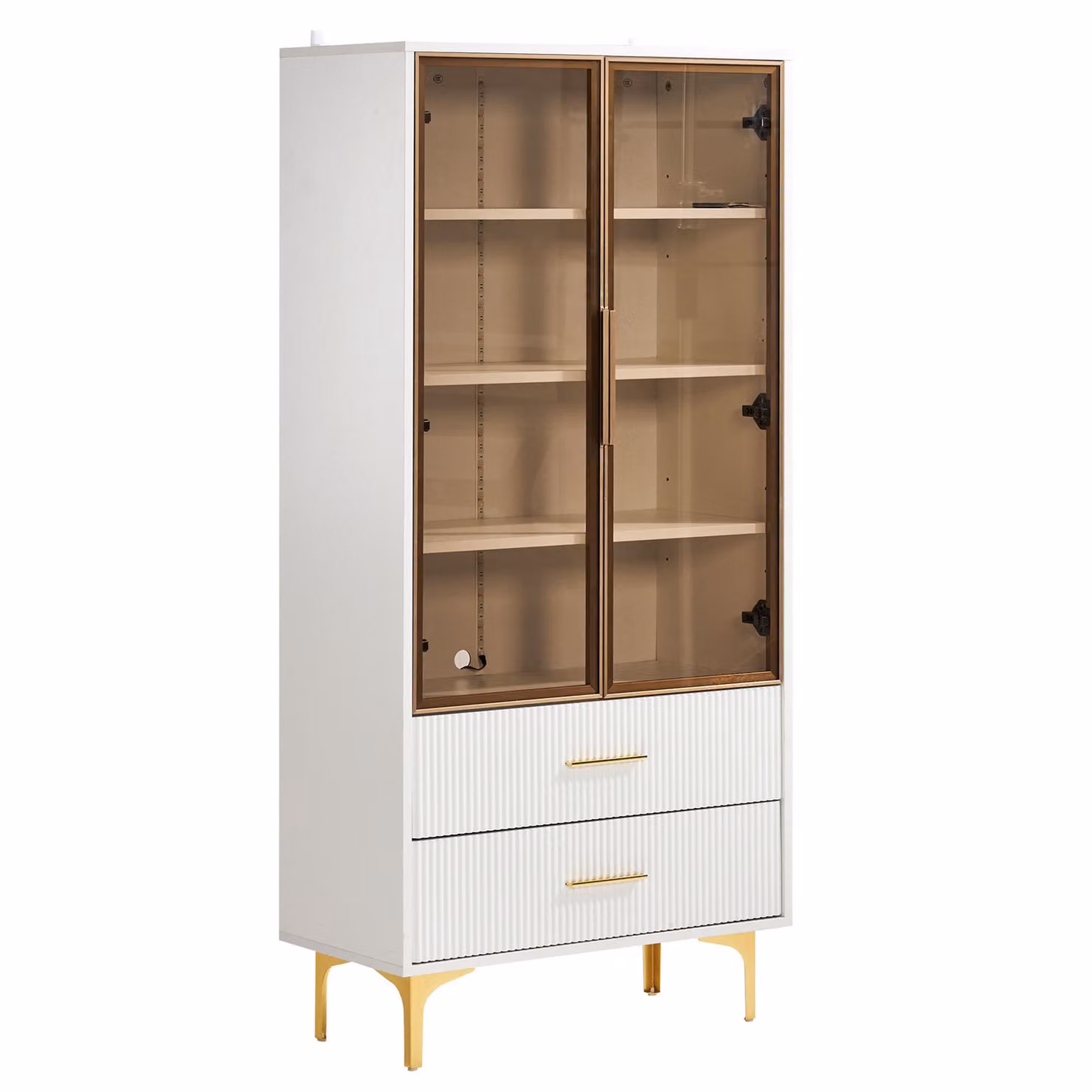Vetrina Elegant in Vetro con Ante in Vetro, Gambe Dorate e Illuminazione LED Integrata, Bianco e Oro, L: 70 cm, P: 35 cm, H: 150 cm – 2