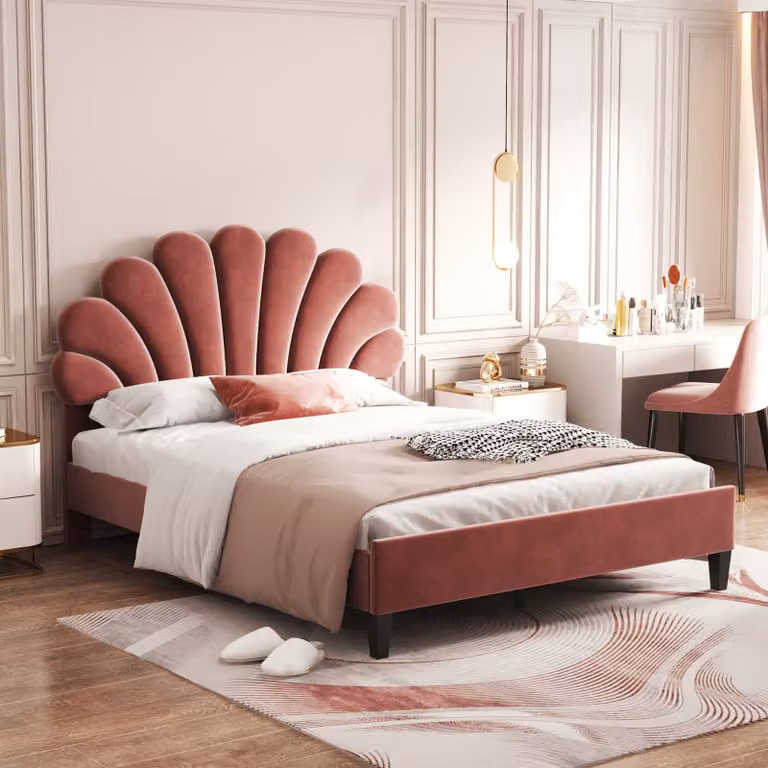 okwish Letto imbottito Letto per bambini 140 x 200 cm, struttura del letto con testata a forma di fiore e doghe, letto matrimoniale per ospiti in morbido velluto, rosso