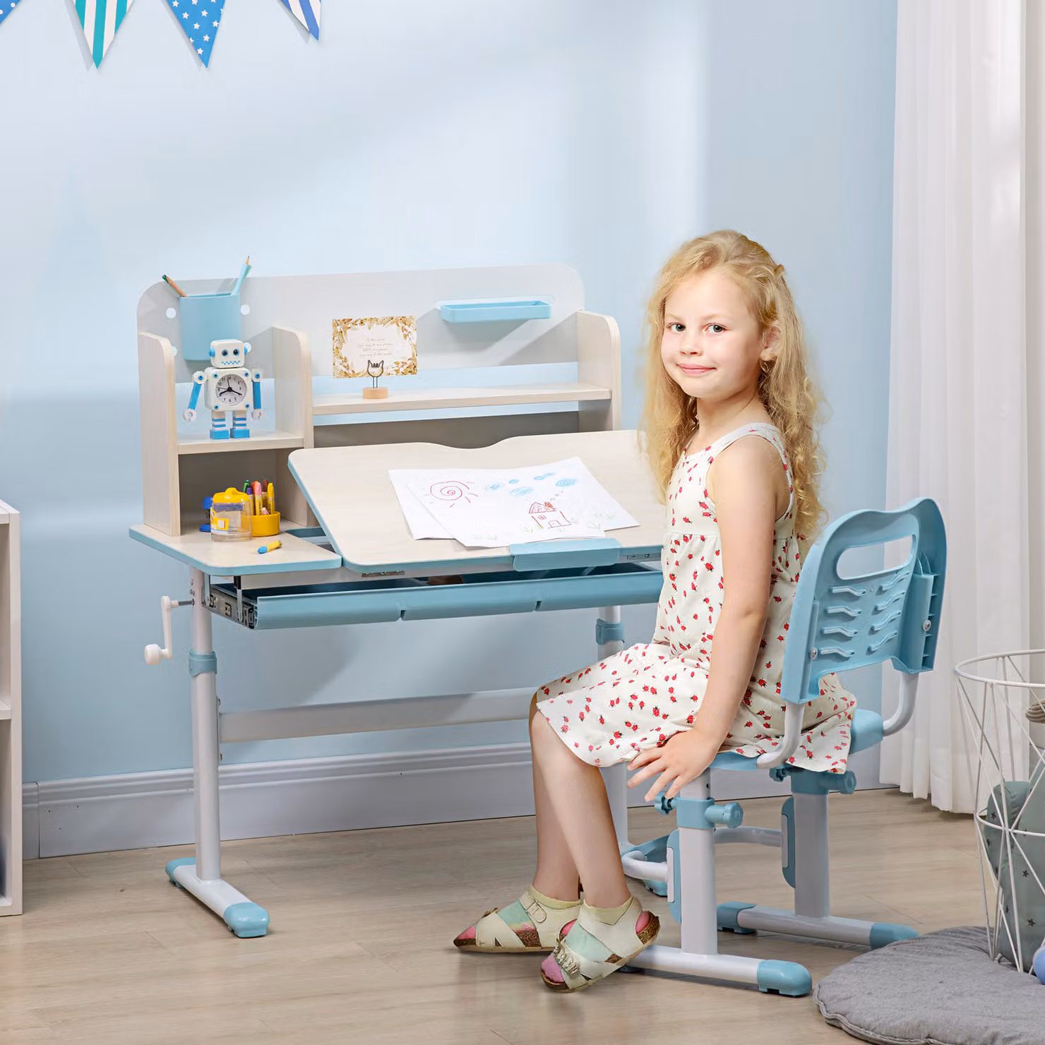 Set Scrivania e Sedia per Bambini HOMCOM Regolabile con Tavolo Inclinabile a 60 Gradi e Cassetto, Blu – 2