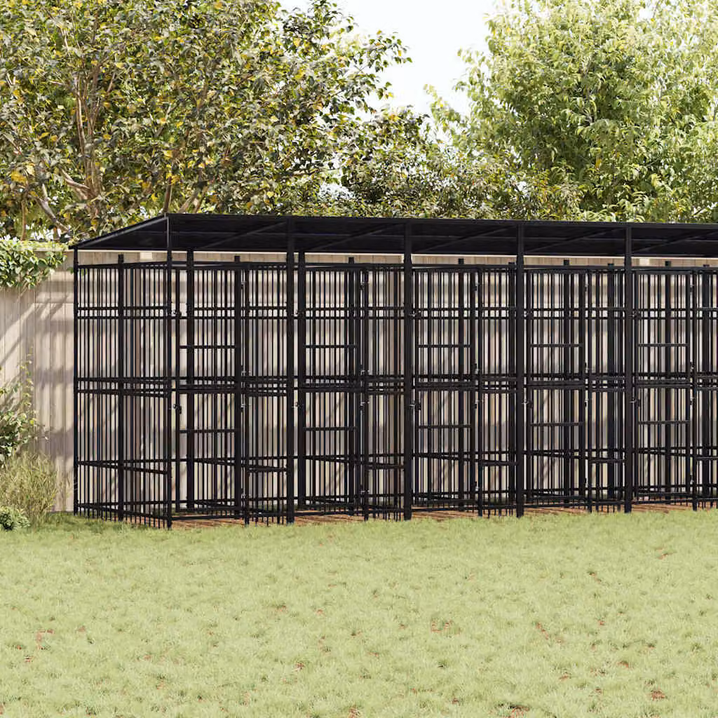 Gabbia per cani da esterno vidaXL con tetto in acciaio nero opaco e superficie di 16,59 m²