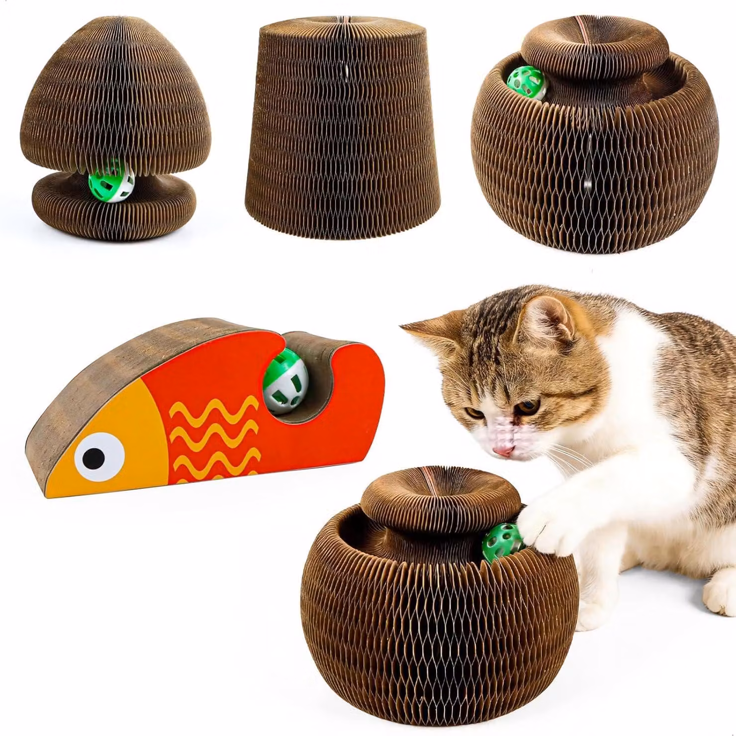 Albero per gatti in cartone, girevole, 2-in-1 con campanello, compatto e pieghevole, ideale per uso interno
