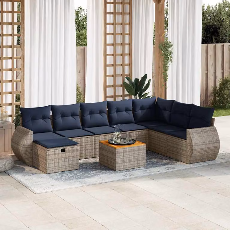 Set Divano da Giardino vidaXL 9 pz a Forma a U in Polyrattan con Cuscini e Tavolino, Grigio