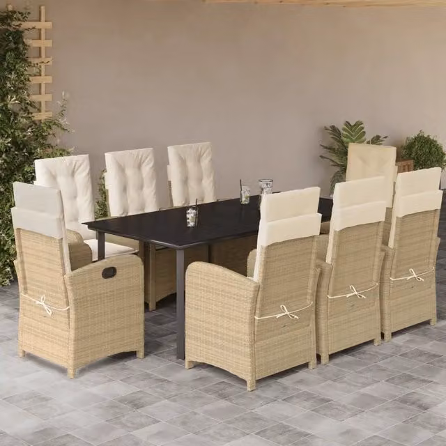 Set da pranzo da giardino vidaXL in polyrattan con cuscini beige e tavolo in vetro, 9 pezzi