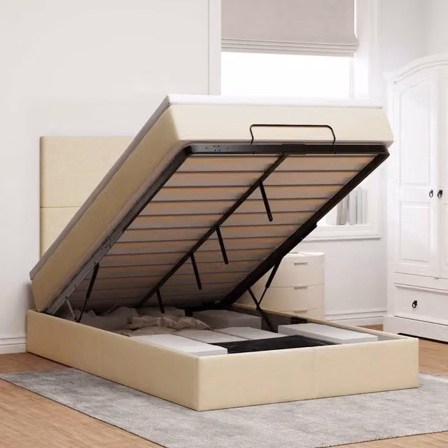 Letto con contenitore a sollevamento vidaXL in tessuto beige e bianco con materasso L/P: 120 x 200 cm – 1