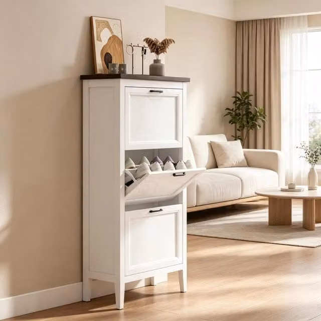 Scarpiera con 3 ante ribaltabili e ripiani regolabili per ingresso in MDF bianco 60 × 26,5 × 133,7 cm