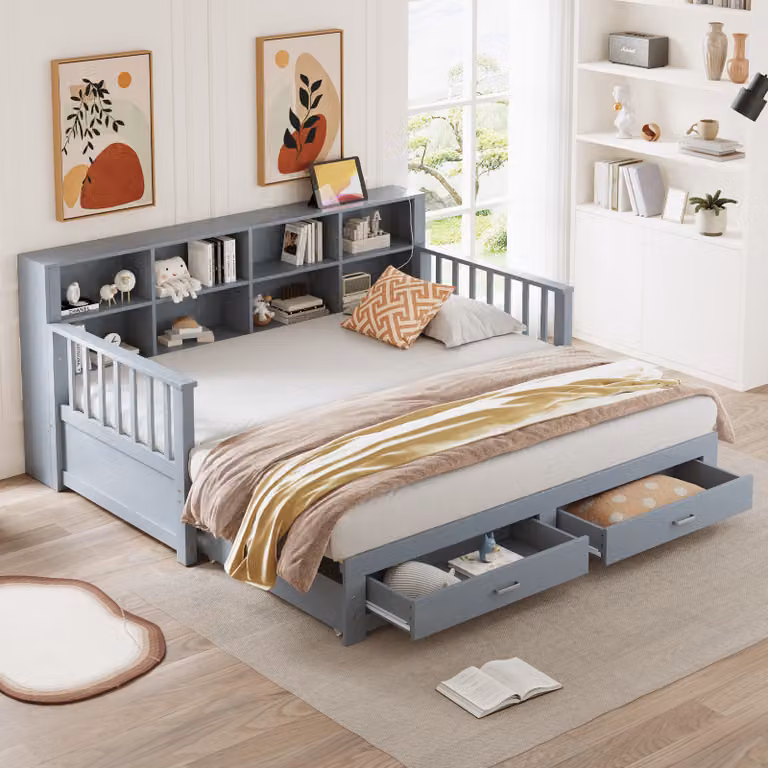 MODFU Letto pieghevole 90/180x190 cm, letto per bambini, letto per studenti con letto estraibile, letto multifunzionale in pino, letto matrimoniale, con 2 cassetti e rete, senza materasso, grigio