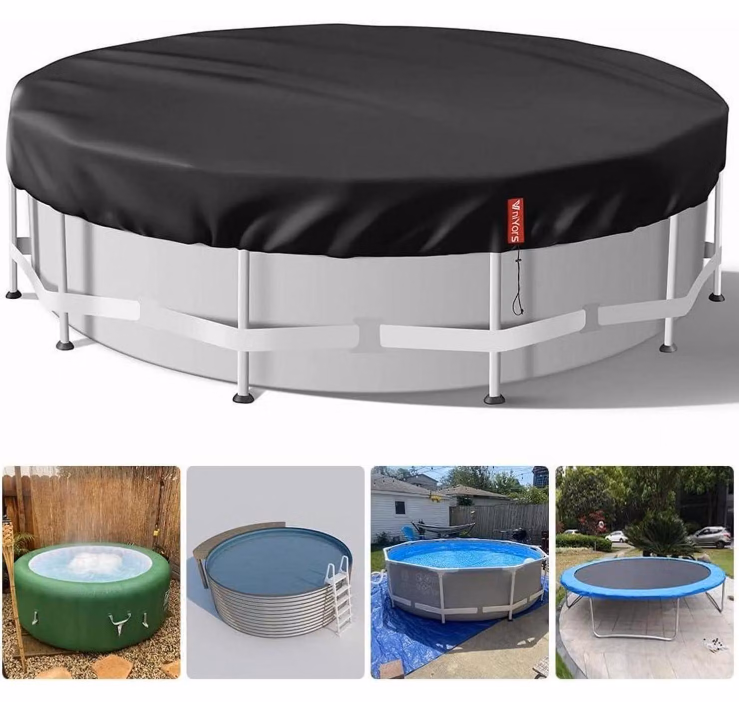 Copertura per piscina, forma circolare, diametro 244 cm, colore nero, tessuto Oxford 420D, protezione UV, cordoncino di serraggio, picchetti per il fissaggio al fondo