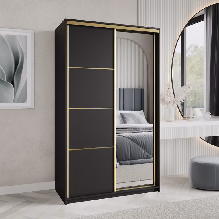 Armadio scorrevole Masseno VARO 120/205/60 cm Armadio con cassetti Armadio per camera da letto a 2 ante con specchio Nero + Oro