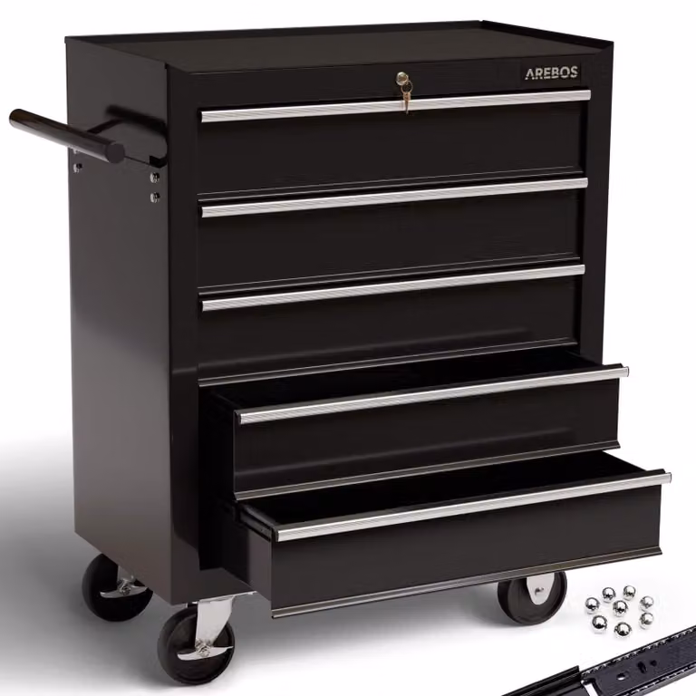 Carrello portautensili Carrello da officina Carrello rullante - Acciaio - 5 cassetti - Nero - 70 x 33 x 78 cm - Chiusura centralizzata