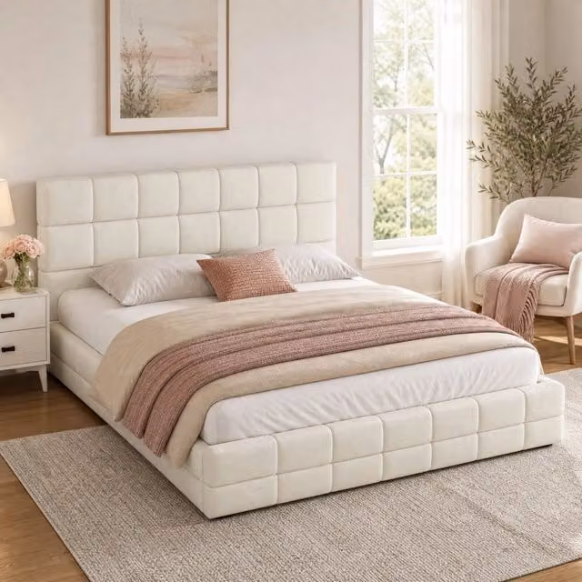 Letto piattaforma imbottito 180x200 cm beige con testiera