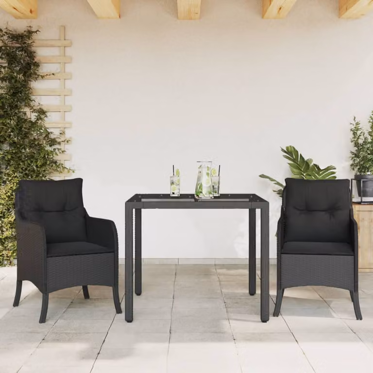 Set da Pranzo da Giardino 3 pz vidaXL in Polyrattan Nero con Cuscini e Tavolo in Vetro