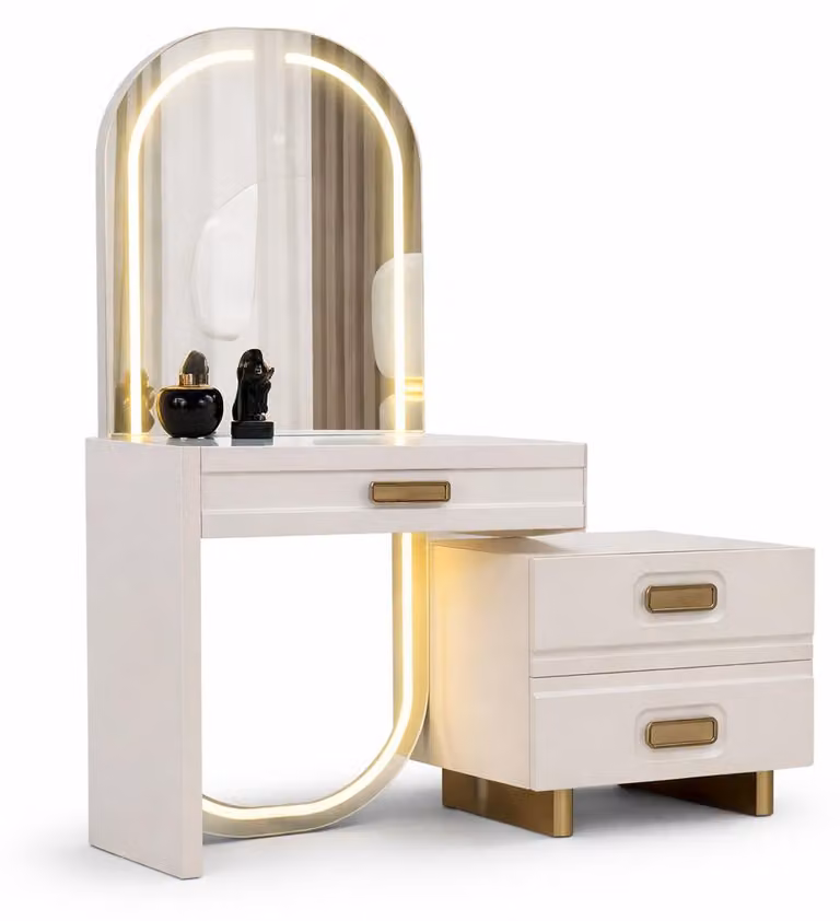 Comò da trucco beige elegante, esclusivo, con specchio a LED, composto da 2 pezzi