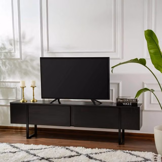 Mobile porta TV Lilith DMORA, Credenza moderna per soggiorno in nero opaco, L 180 x P 29,5 x H 50 cm
