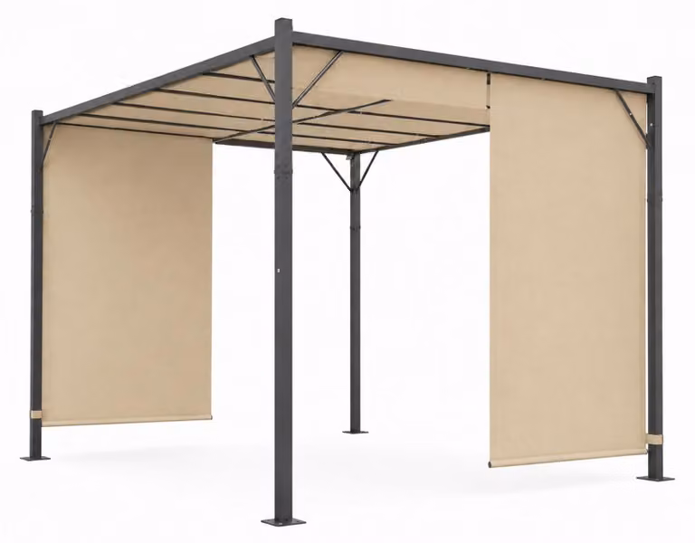 Pergola da giardino 3x4 m con struttura in acciaio e tettoia beige.