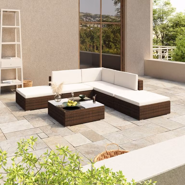 The Living Store Set da giardino da 6 pezzi con cuscini in poly rattan marrone