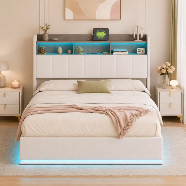 Letto imbottito INONEFT 140x190 cm con LED e porta USB di tipo C, letto con struttura a molle, rete a doghe e contenitore, letto matrimoniale per giovani con sistema idraulico per lo spazio contenitivo, rivestito in velluto bianco